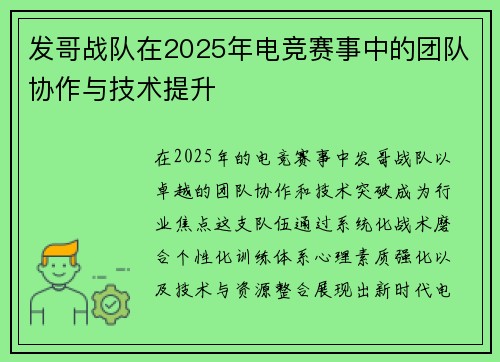 发哥战队在2025年电竞赛事中的团队协作与技术提升